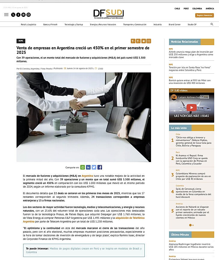 Venta de empresas en Argentina creci un 450% en el primer semestre de 2025